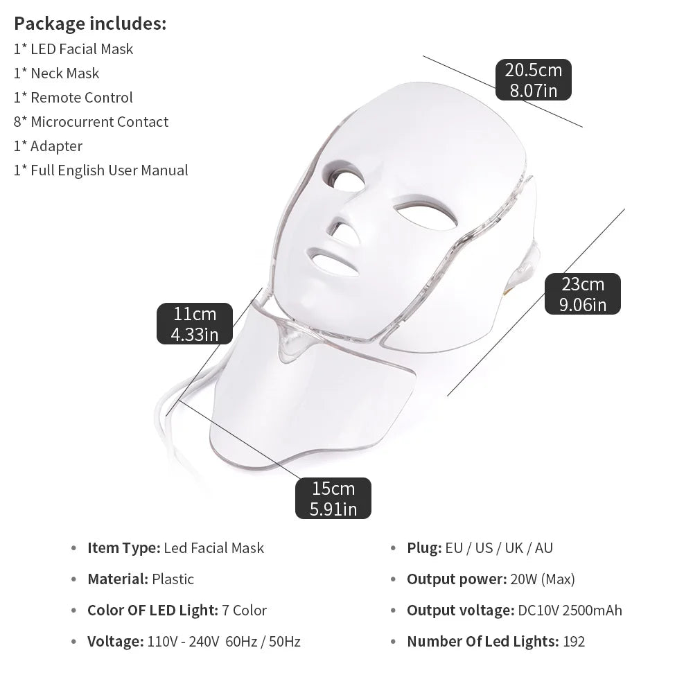 LED Facial  Mask with Neck LED Light 7 colors