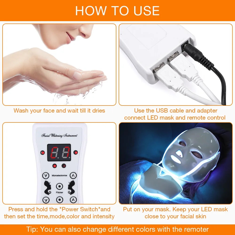 LED Facial  Mask with Neck LED Light 7 colors